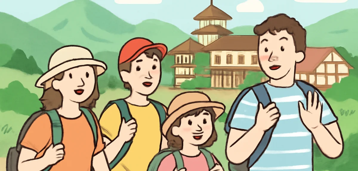A Japanese family with a teenager hiking in highland and visiting a historic town in summer, scenic 