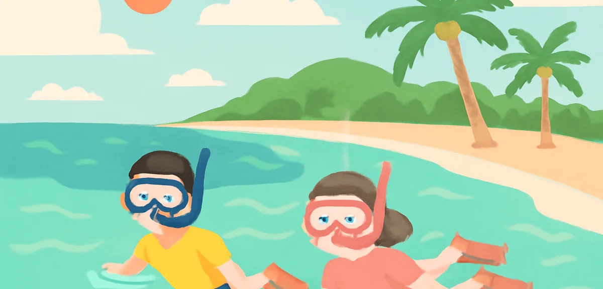 Tropical beach in Okinawa with snorkelers and clear emerald water, summer vacation, photorealistic, 