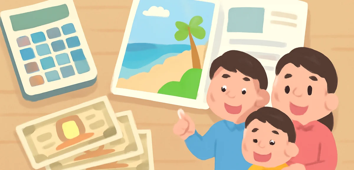 Calculator, Japanese yen bills and travel brochures on wooden desk with Okinawa beach photo, family 