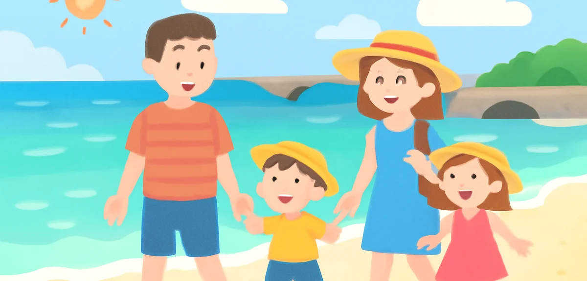 Family with kids walking on Miyako Island beach with crystal clear water, summer vacation, photoreal