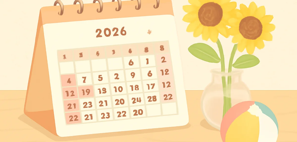 Flat illustration of a 2026 July-August calendar on a desk with sunflowers and a beach ball, holiday