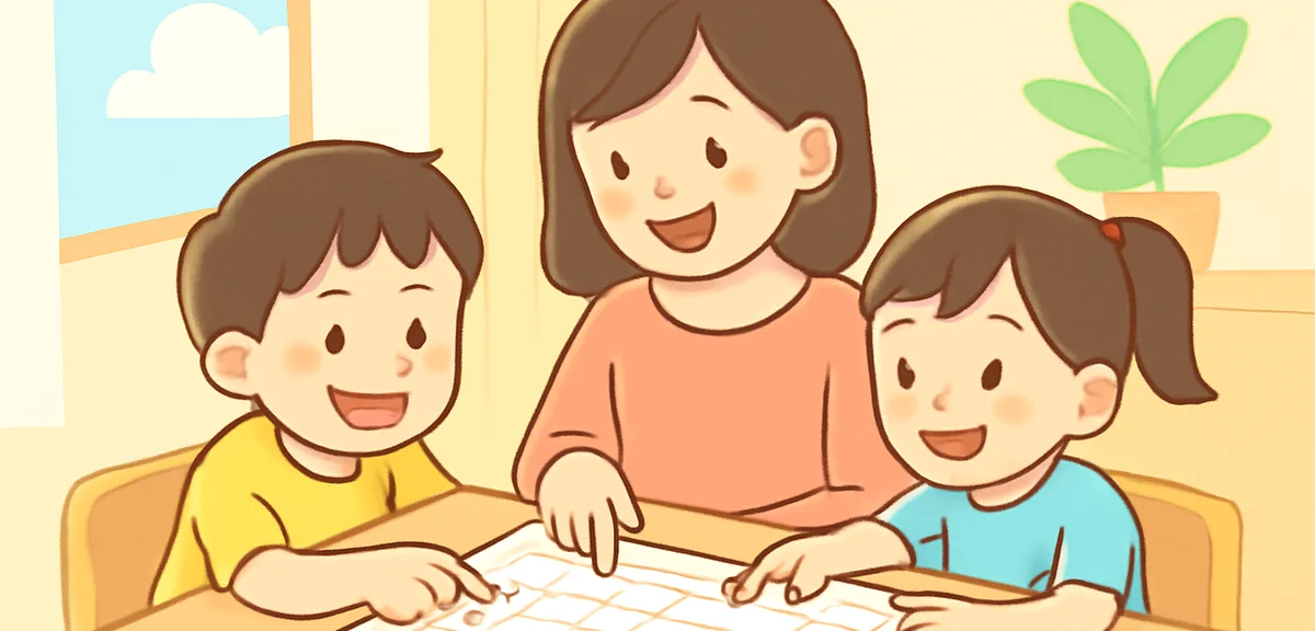 Flat illustration of a Japanese family planning summer schedule together at the dining table, mother