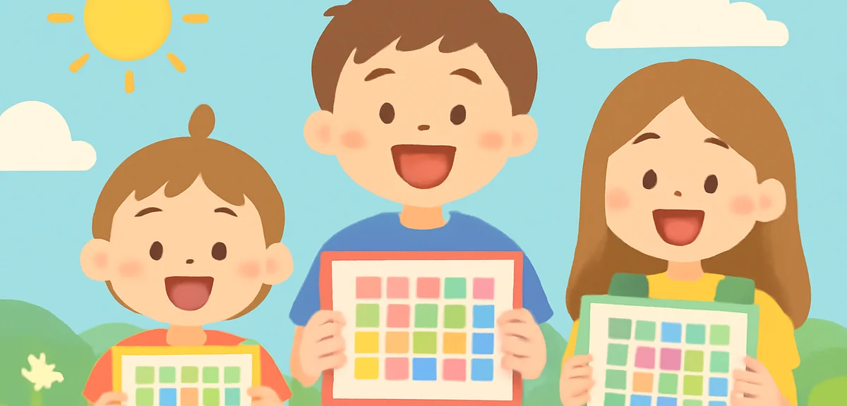 Flat illustration of three different elementary school students (low, middle, high grade) each holdi