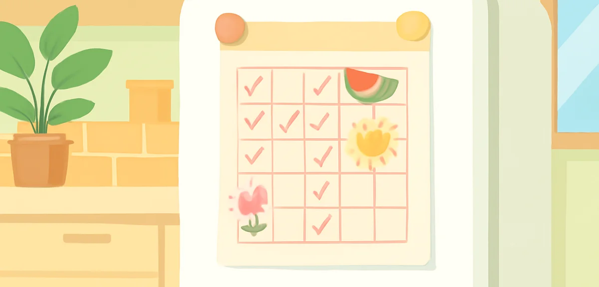 Flat illustration of a printed schedule sheet pinned on a refrigerator with magnets, checkmarks and 