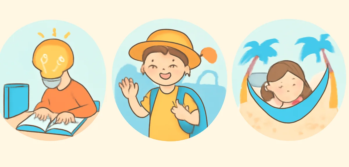Three balanced icons representing study, experience, and rest for summer vacation, minimalist flat d