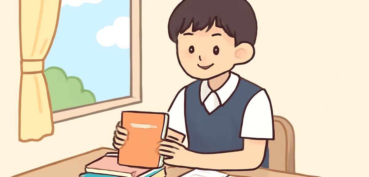 Japanese first-year junior high student organizing notebooks and study materials at a desk near a wi