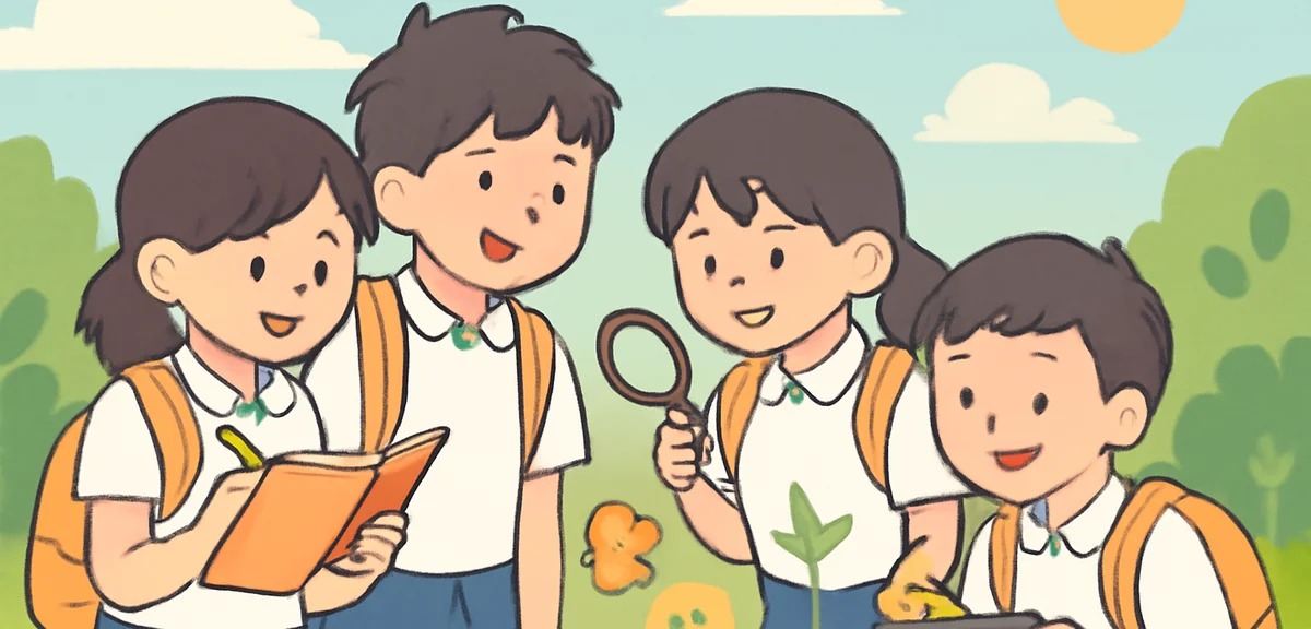 Japanese second-year junior high students working on a group project outdoors in summer, exploring n