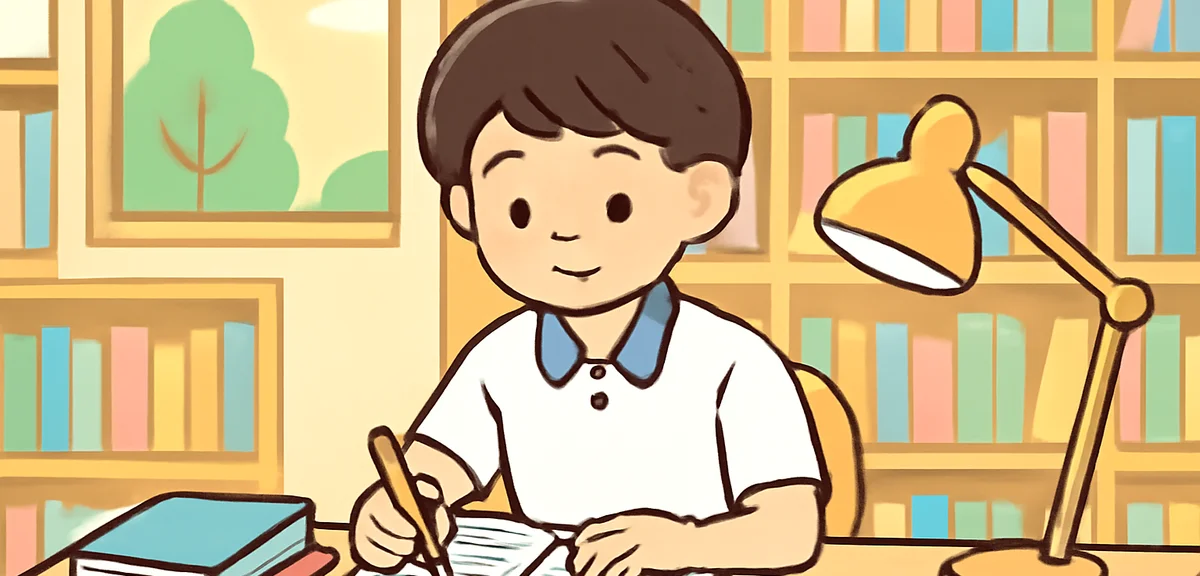 Japanese third-year junior high student studying with focus for high school entrance exam during sum