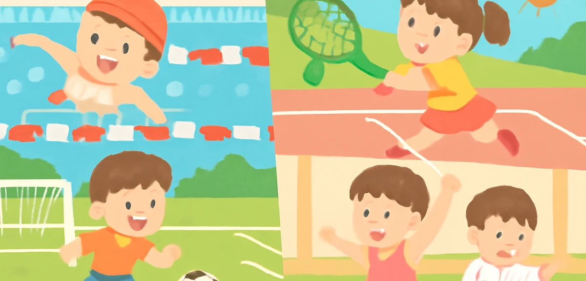 Collage style image of children doing different sports, swimming pool lane, soccer field dribbling,