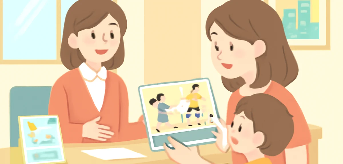 Parent and child looking at a brochure of a community sports program at a city office reception, fri