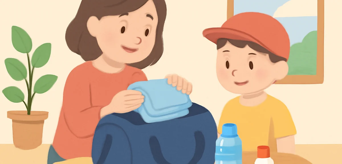 Japanese mother packing a sports bag for her child with towel, water bottle, hat, sunscreen, ready f