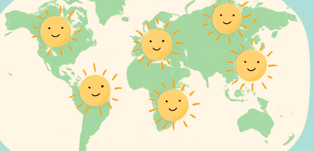 World map with summer sun icons over different countries, soft pastel colors, flat illustration, no