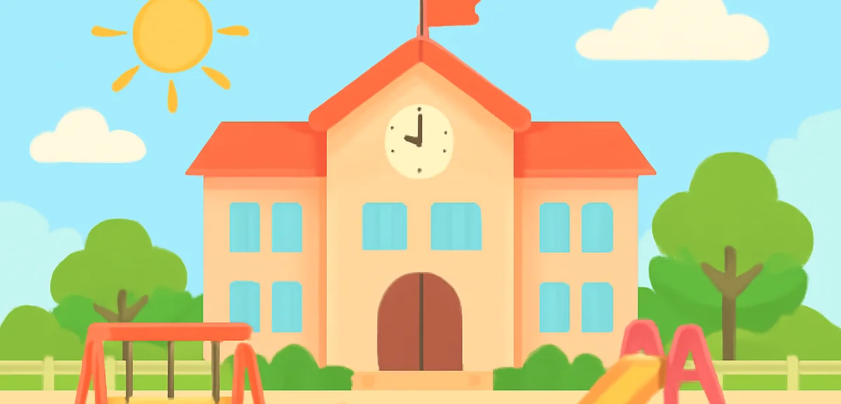 European school building with empty playground in summer, blue sky, warm light, illustration style,