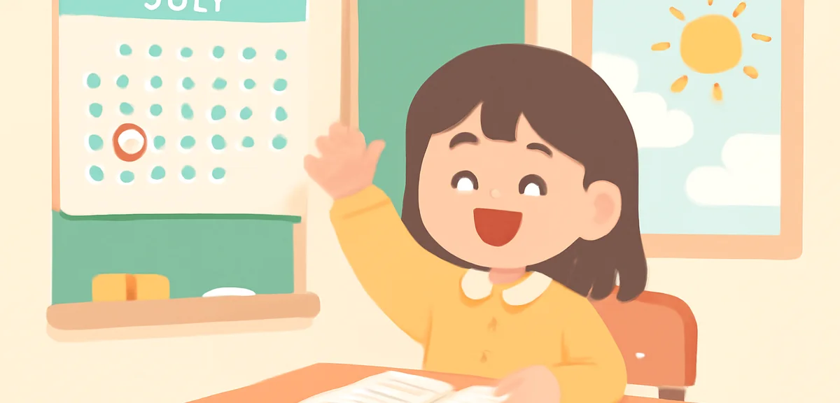 Asian school classroom with calendar showing short summer break, soft illustration, no text
