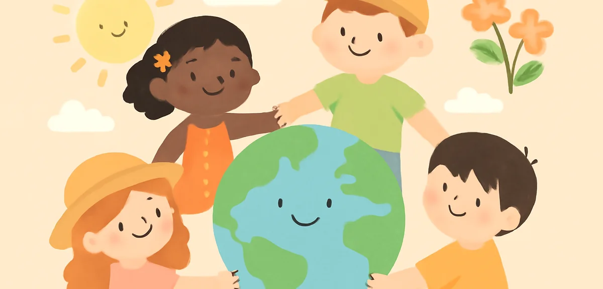 Children of different nationalities holding hands around a globe, summer theme, soft illustration, n