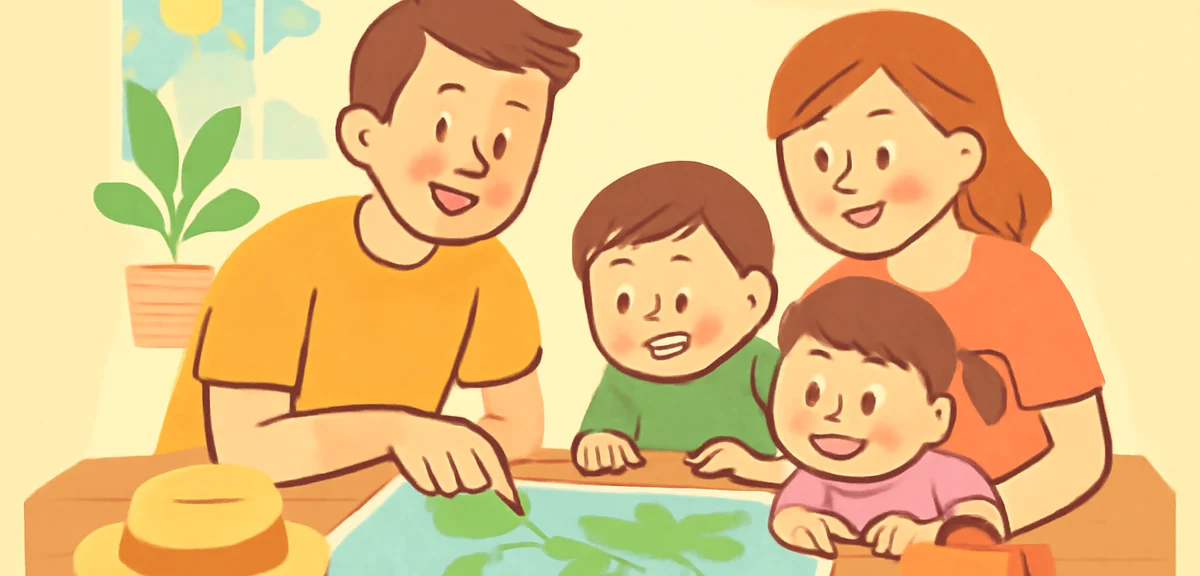 Family looking at a world map planning summer travel, warm light, illustration style, no text