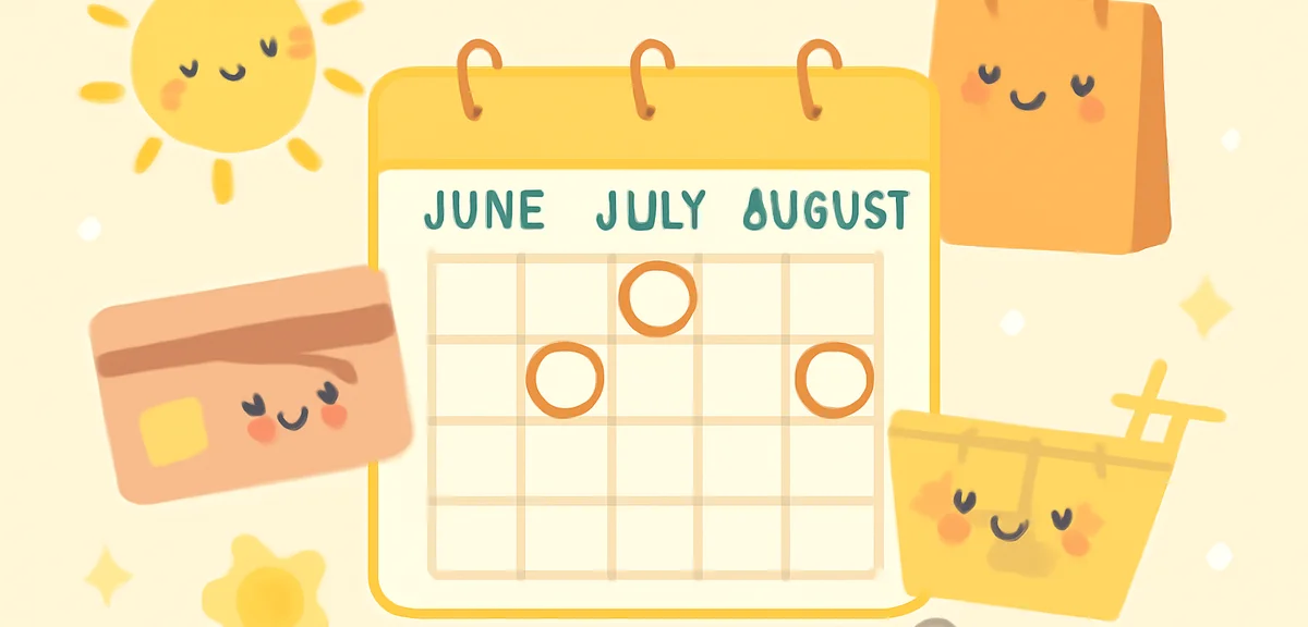 A calendar showing summer months with circled sale dates, surrounded by shopping icons and sun motif