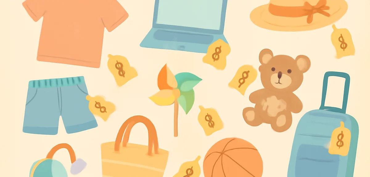 A flat lay of various summer sale categories - clothing, electronics, toys, sports gear, travel item