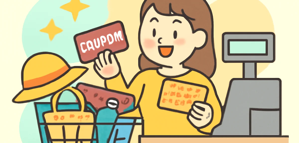 A person happily checking out at a register with discount coupons and points card, summer items in t