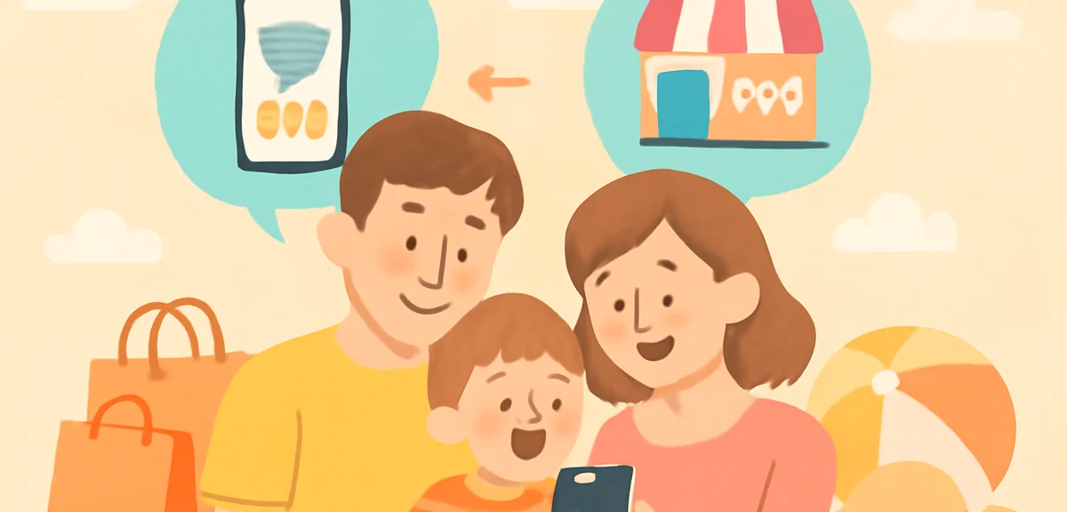 A family looking at smartphone comparing online and in-store prices, with shopping bags and summer a