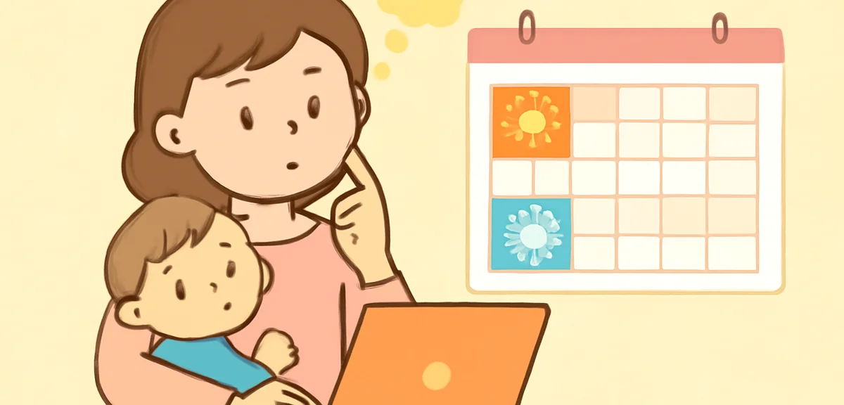 Illustration of a working parent looking at a calendar with summer and winter vacation periods highl