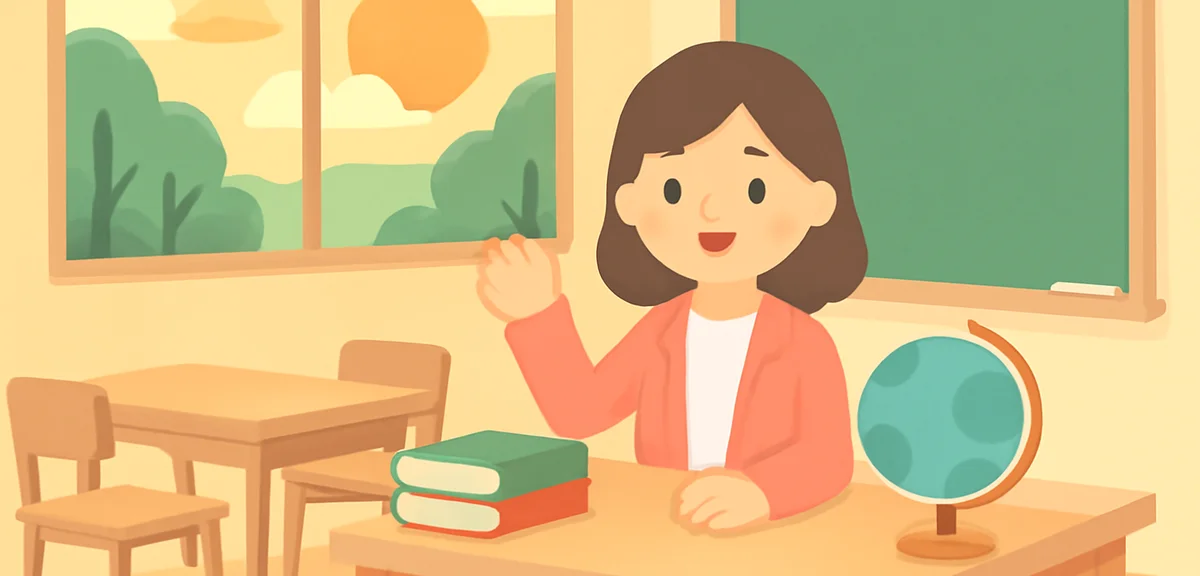 Illustration of a teacher in a classroom with empty desks during summer break, books and a globe on 