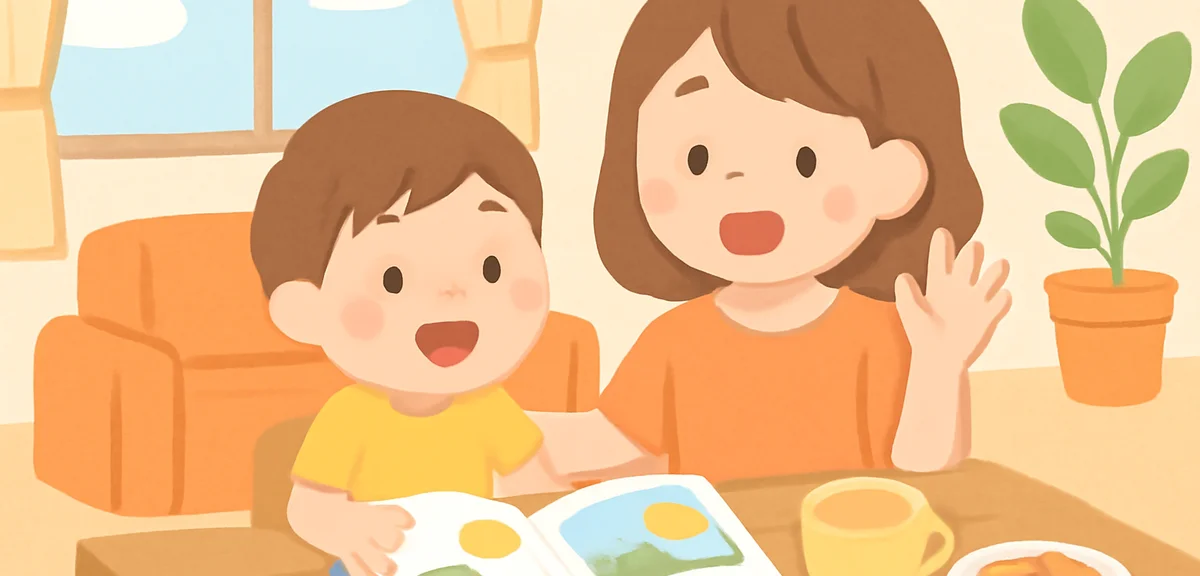Illustration of a parent and child enjoying summer vacation together at home, picture book and snack