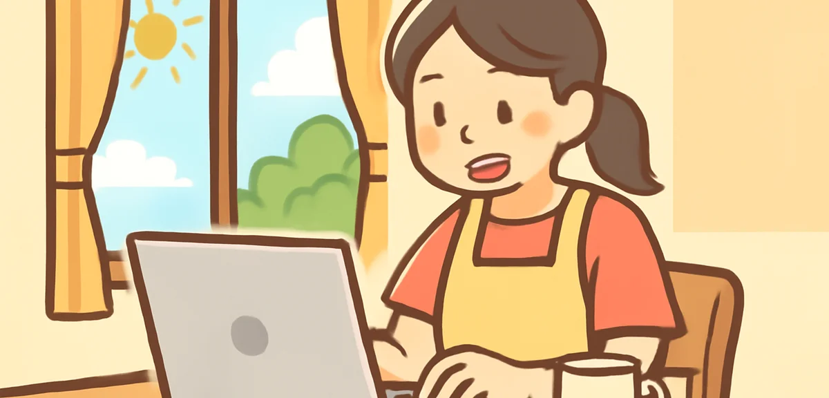 Japanese mother browsing part-time job listings on a laptop at a kitchen table during summer, summer