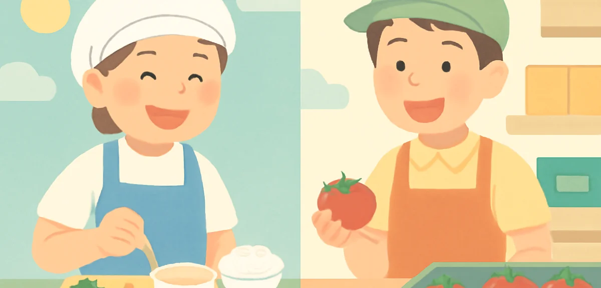 Friendly part-time workers at a school cafeteria and supermarket in Japan during summer, smiling sta