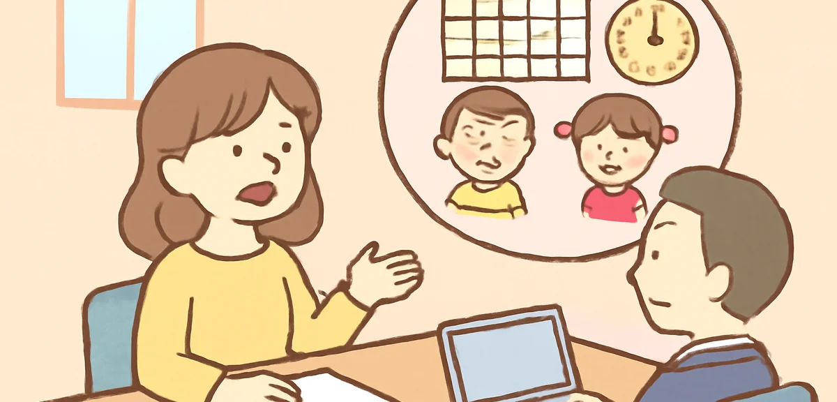 Japanese mother interviewing for a part-time job, calmly explaining her family schedule to a manager