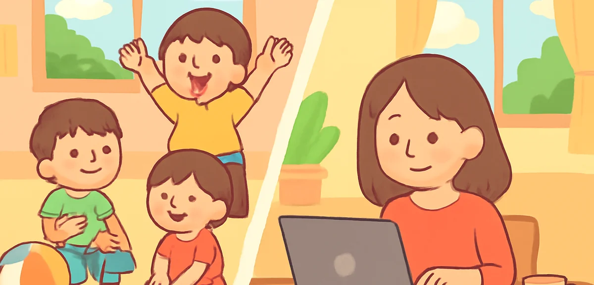 Children playing happily at a summer after-school care center while mother works remotely from home,