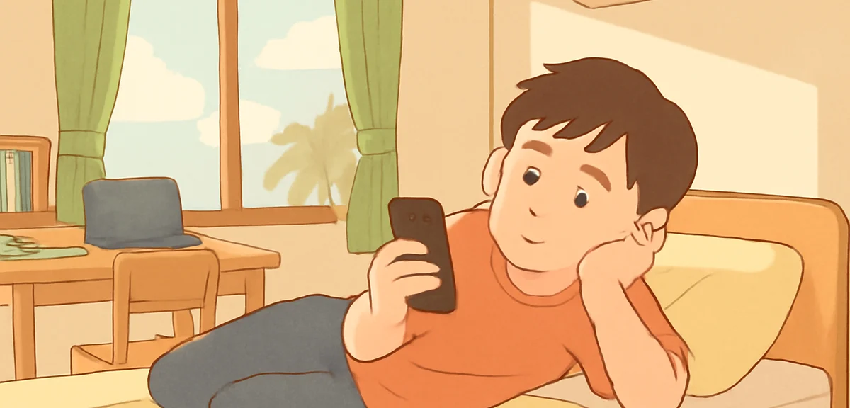 A Japanese university student lying on a bed scrolling smartphone with a bored expression in a small