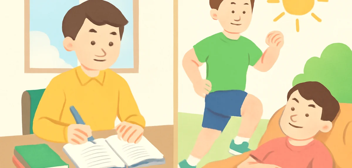 Split scene of two Japanese university students, one studying and exercising actively, the other lou