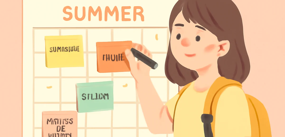 A Japanese university student writing a summer calendar plan on a wall calendar with sticky notes fo