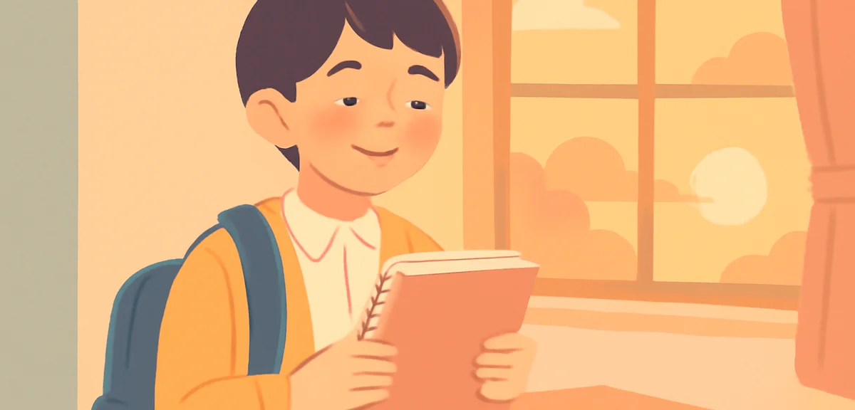 A Japanese university student looking satisfied while closing a journal at the end of summer, sunset