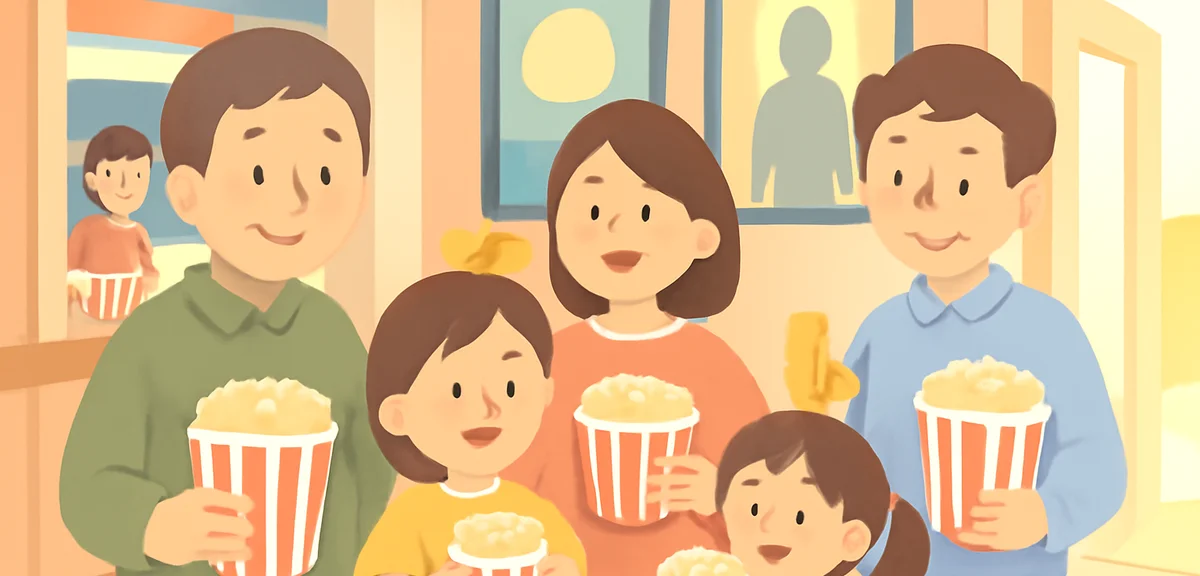 A bright summer cinema lobby with families and children holding popcorn and tickets, large movie pos