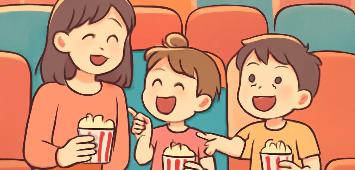 Young children watching an animated movie in a colorful theater, laughing and pointing at the screen