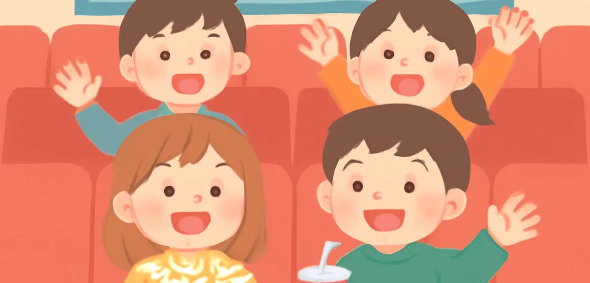 Group of elementary and middle school students enjoying a movie together, excited expressions, popco