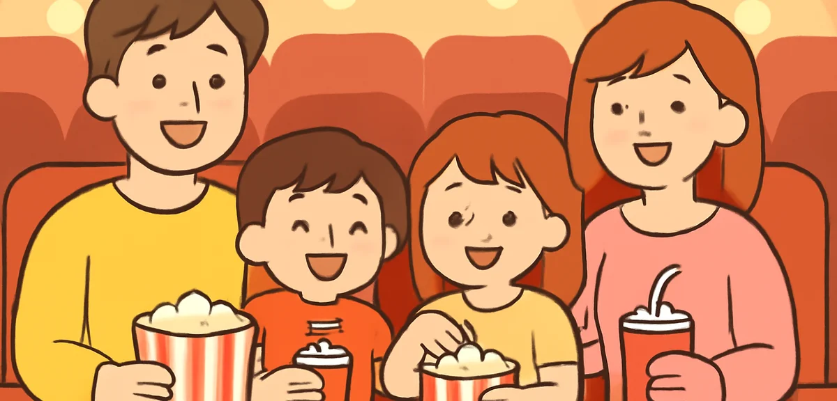 A happy family of four watching a movie together in a cozy theater, parents and two kids sharing sna