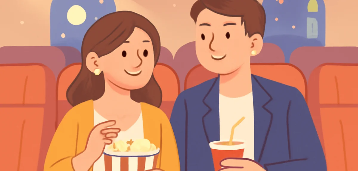 An adult couple enjoying a sophisticated movie night, stylish modern cinema with comfortable seats,
