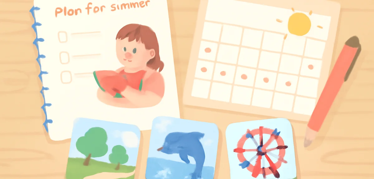 A summer planning scene with a notebook, calendar, and small icons of parks, aquariums and theme par