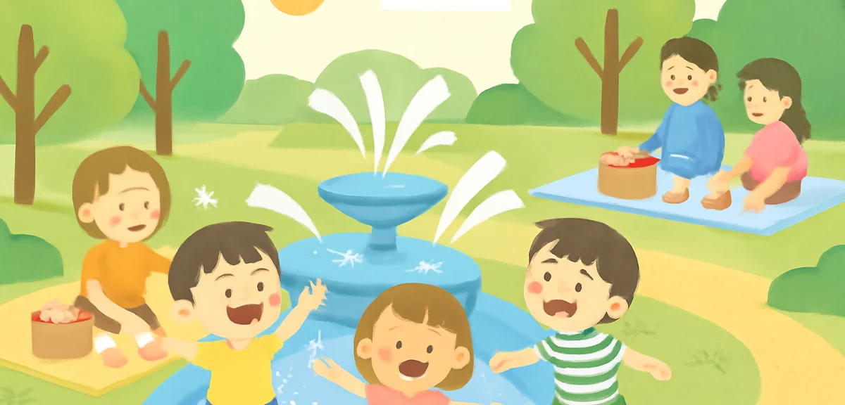 A free public park in summer with kids playing in a water fountain, families on picnic mats, illustr