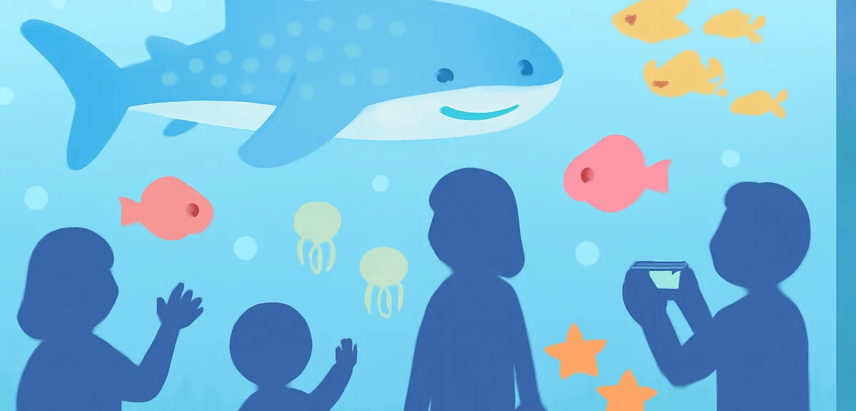 A Japanese aquarium scene with a large blue tank and silhouettes of visitors, calm cool atmosphere, 