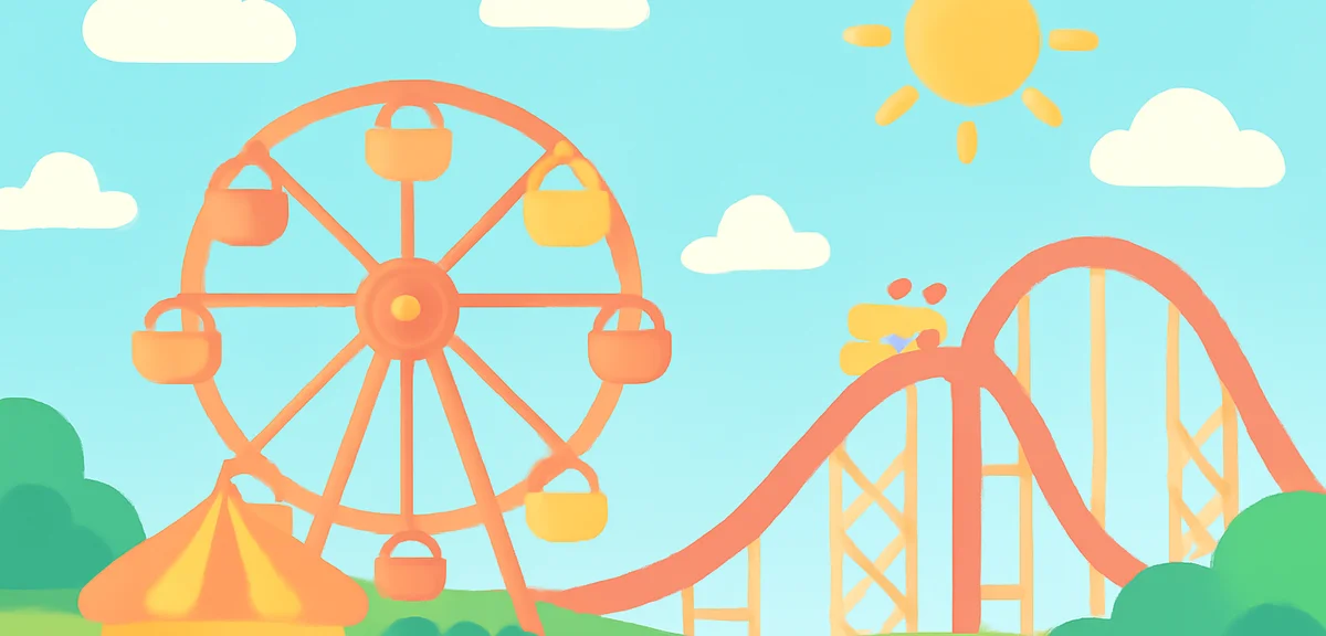 A summer theme park with roller coasters and a ferris wheel under blue sky, vivid colors, flat illus