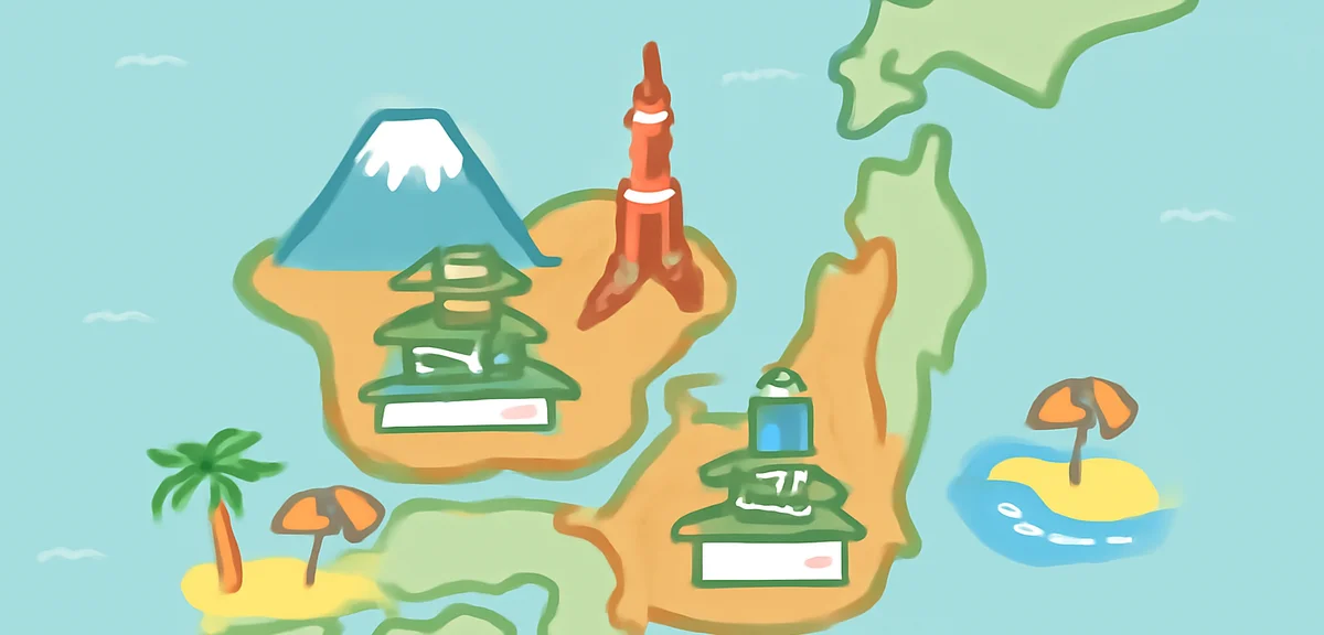 A map-style illustration of Japan highlighting Kanto and Kansai regions with small icons of landmark