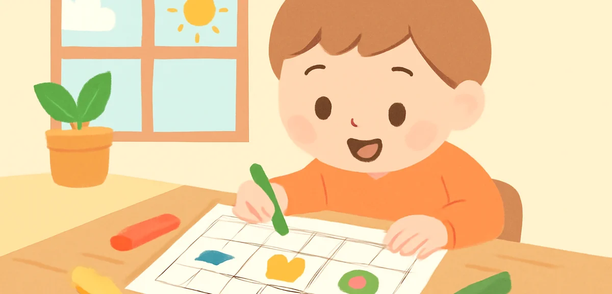 A child writing on a printed weekly schedule template with crayons, simple icons of swimming, study,