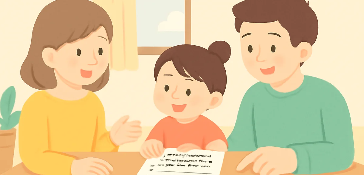 A family discussing a summer schedule together at a kitchen table, parent and child looking at a pri