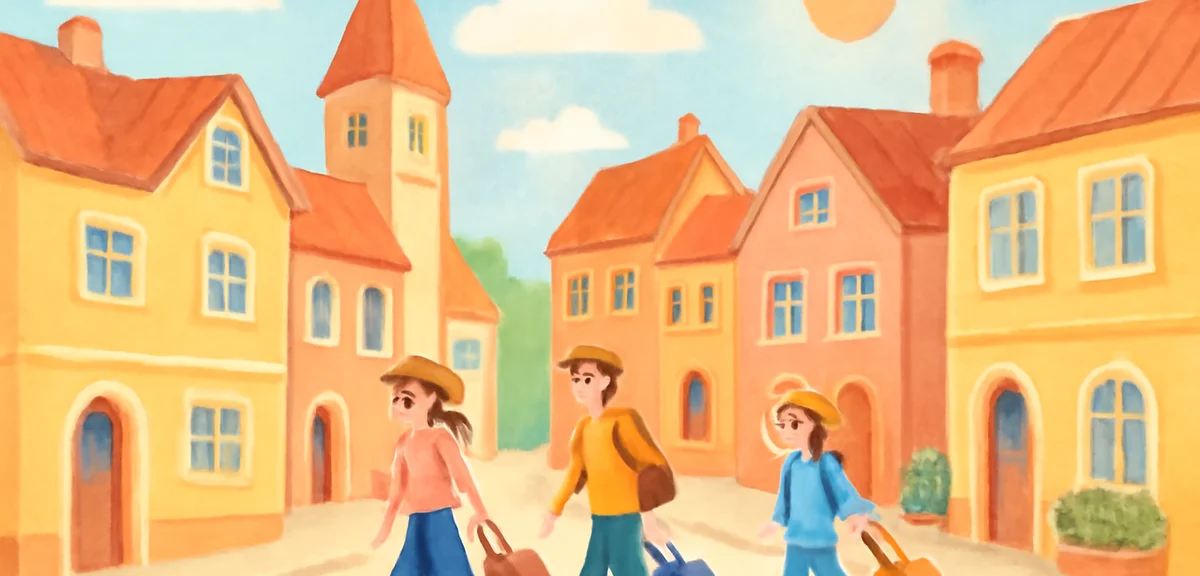 European old town street with colorful buildings, bright summer sky, tourists walking with luggage,