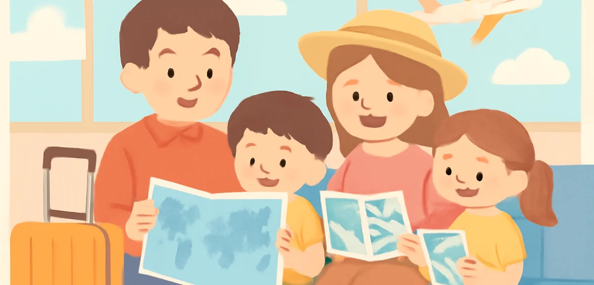 Happy family with two children at an airport lounge looking at a world map and travel brochures, sum