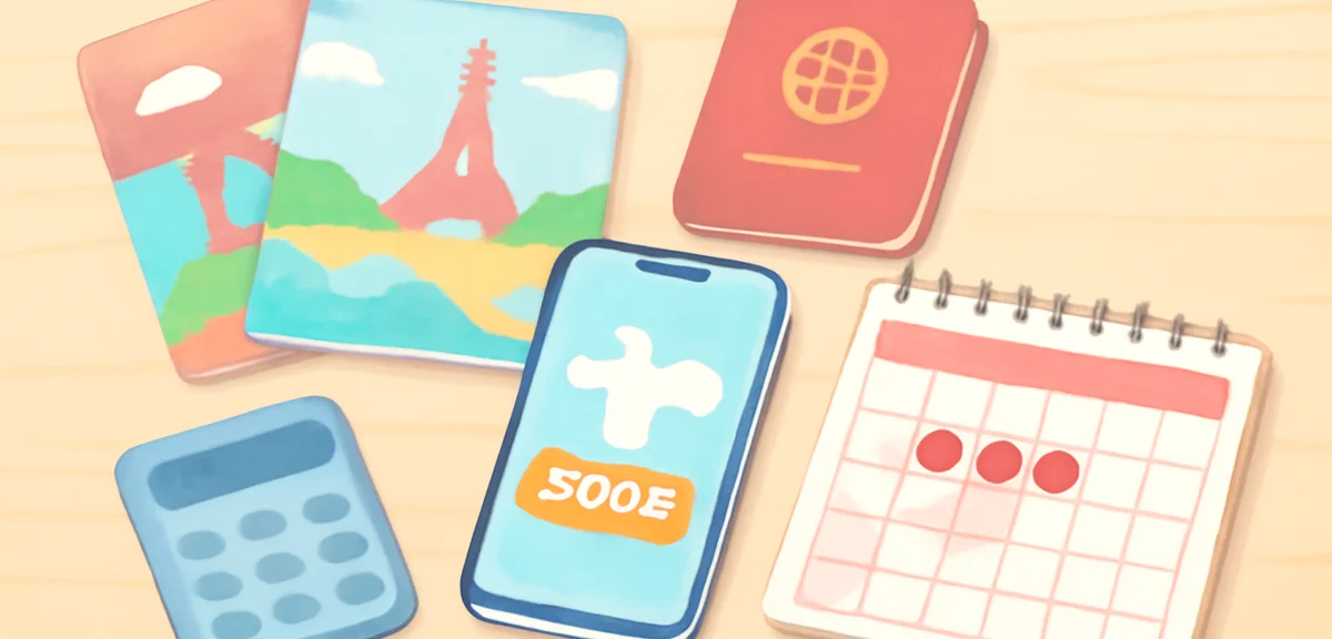 A desk with travel guidebooks, passport, calculator, smartphone showing booking app, calendar marked